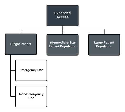 A chart that shows the following: expanded access on the top level followed by single patient, intermediate size patient population, and large patient population in the second row. Emergency use and non-emergency use (third row) connect to single patient.